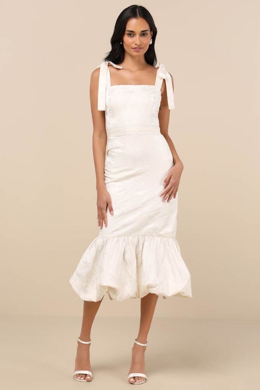 NWT Lulus Silvia Ivory Floral Jacquard Trumpet Midi Dress Banquet Wedding Sz XS